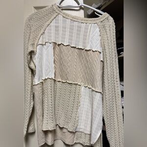 BKE Cream and Tan Patchwork Crewneck Sweater from The Buckle